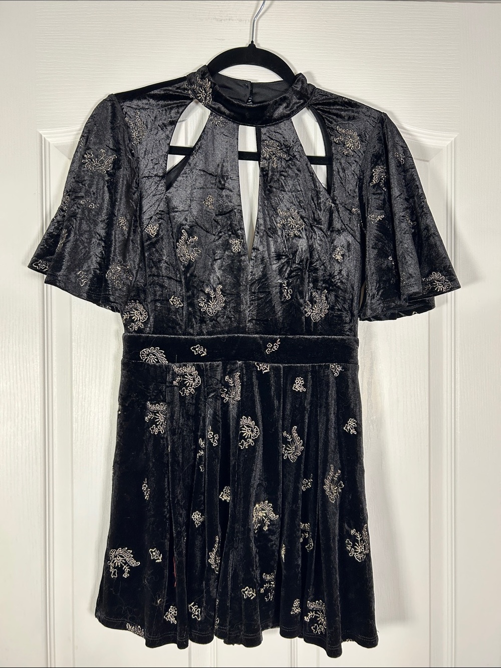 Lost + Wander Black Velvet Romper with Gold Embroidery size S